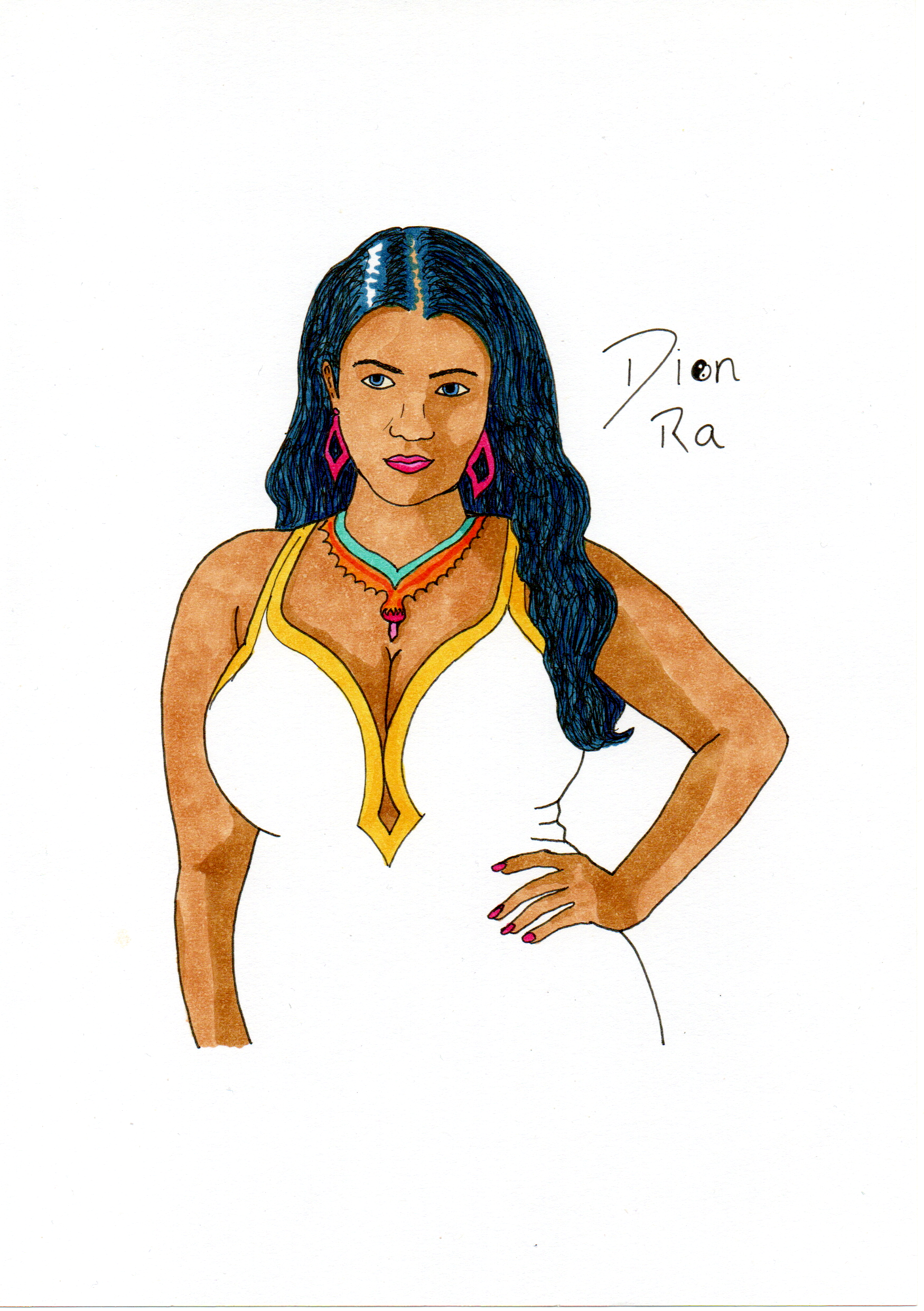 An alcohol marker illustraton of a brown-skinned native american woman wearing a white dress with a yellow trim. She has her hand on her hip and is looking just past the viewer. Her hair is long and blue-black and reaches halway down her chest. She is wearing a wide turquoise and orange necklace that holds a pink crystal pendant, and hollow rhombus earrings that are dark pink. Her nails are painted pink and her eyes are blue.