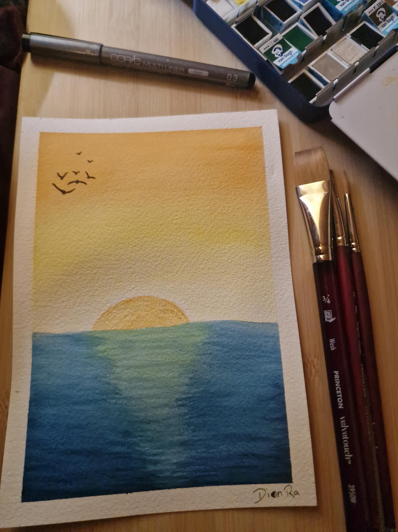 a watercolour of a sunset over the sea, going from orange at the top through yellow into white and then light blue and dark blue for the sea. these are the colours of the aroace flag. there's also a flock of birds done in black marker in the top left.